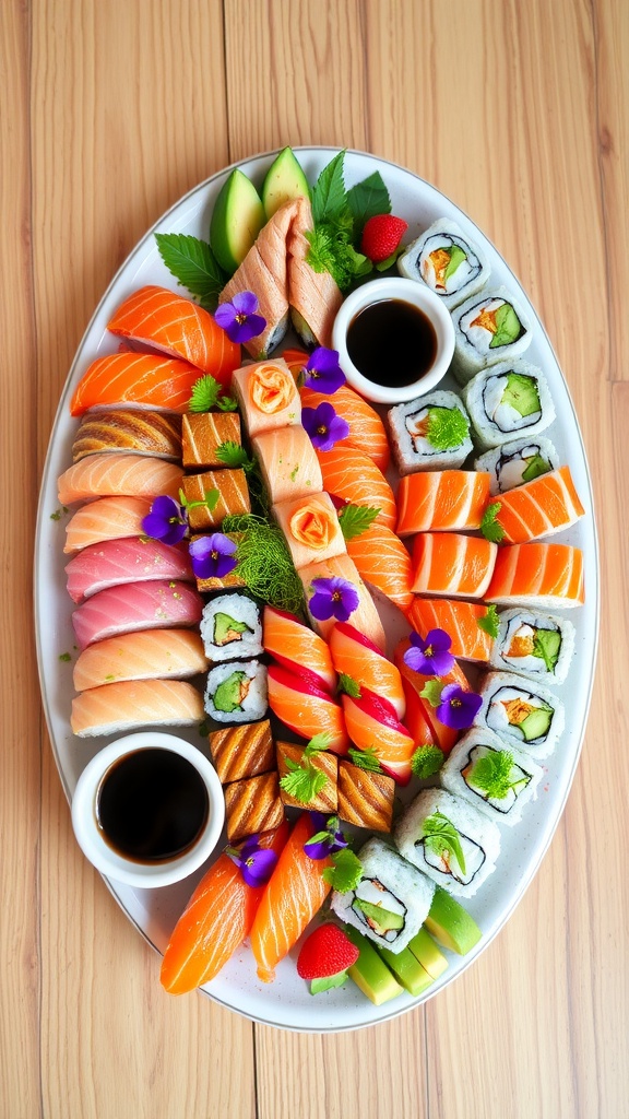 A beautifully styled sushi platter with assorted sushi rolls, fresh sashimi, and decorative garnishes on a wooden table.